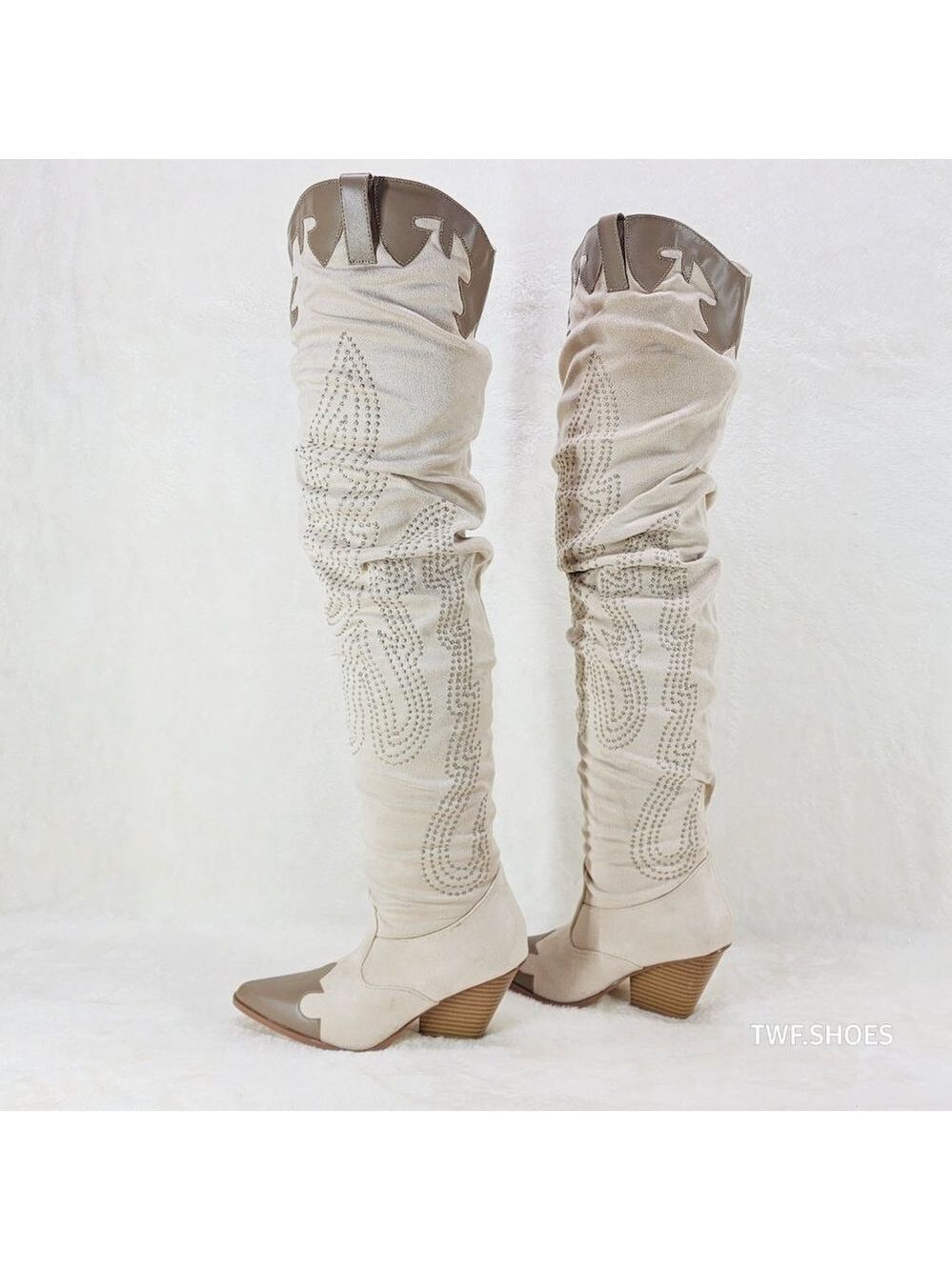Iconic Western Thigh high Cowgirl Boots Cream - Picture 4 of 12